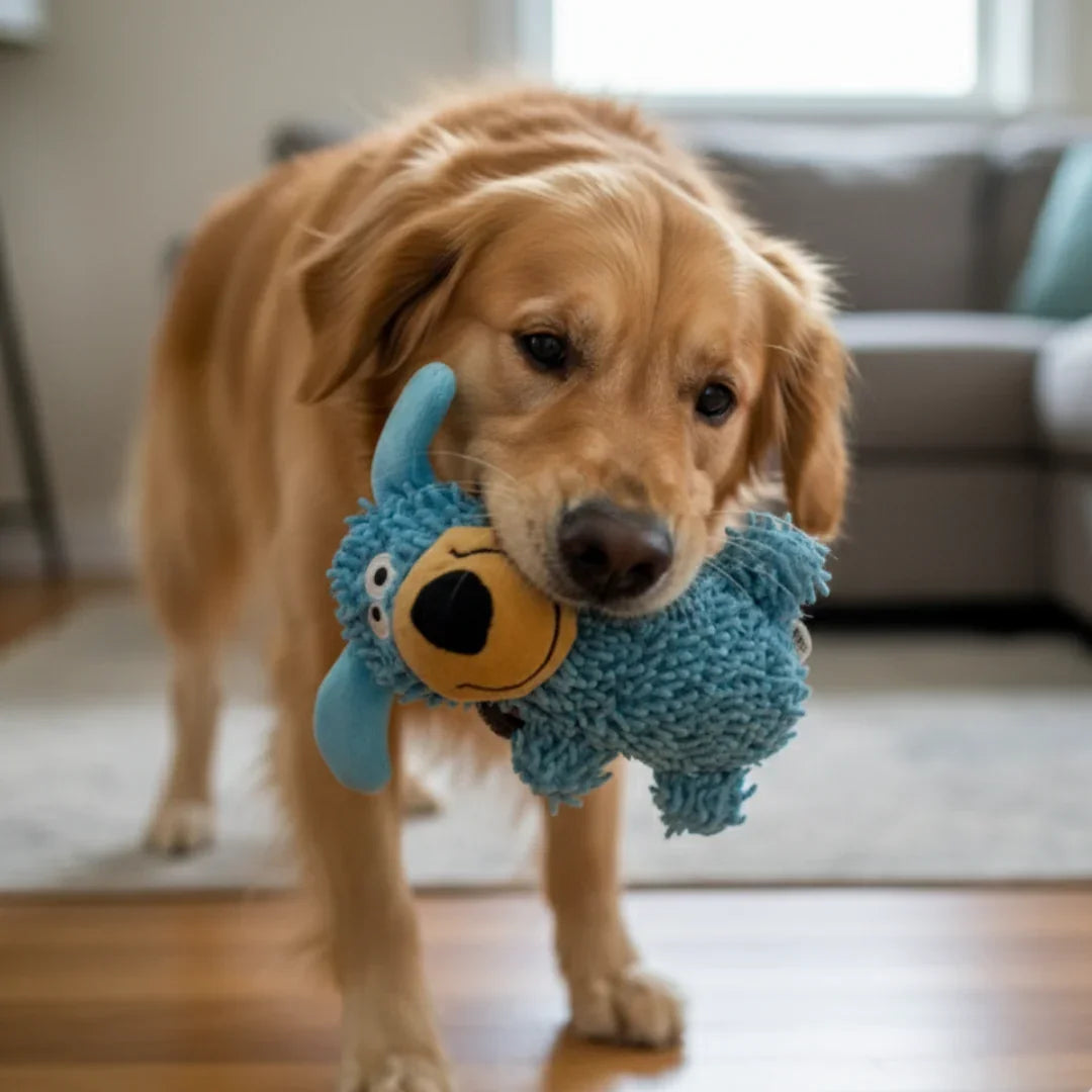 Giggling tooth cleaning toy in dog colours